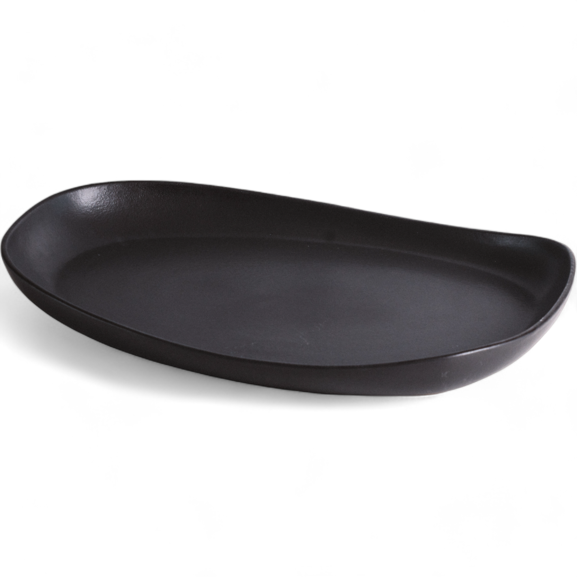 Matte black stoneware serving platter displayed on a clean white background, highlighting its smooth finish and minimalistic, handcrafted design.